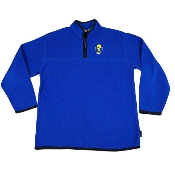 Vintage Looney Tunes Jacket Mens L Tweety Bird Blue 1/4 Zip Pullover Fleece 90s - Picture 1 of 7